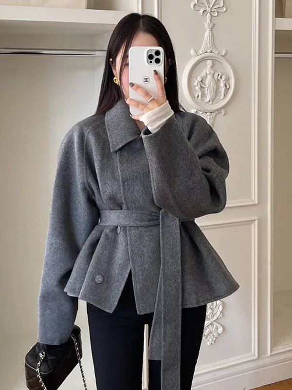[FW26-162] Chic Long Sleeve Woolen Coat Waist-Cinching Belted Single