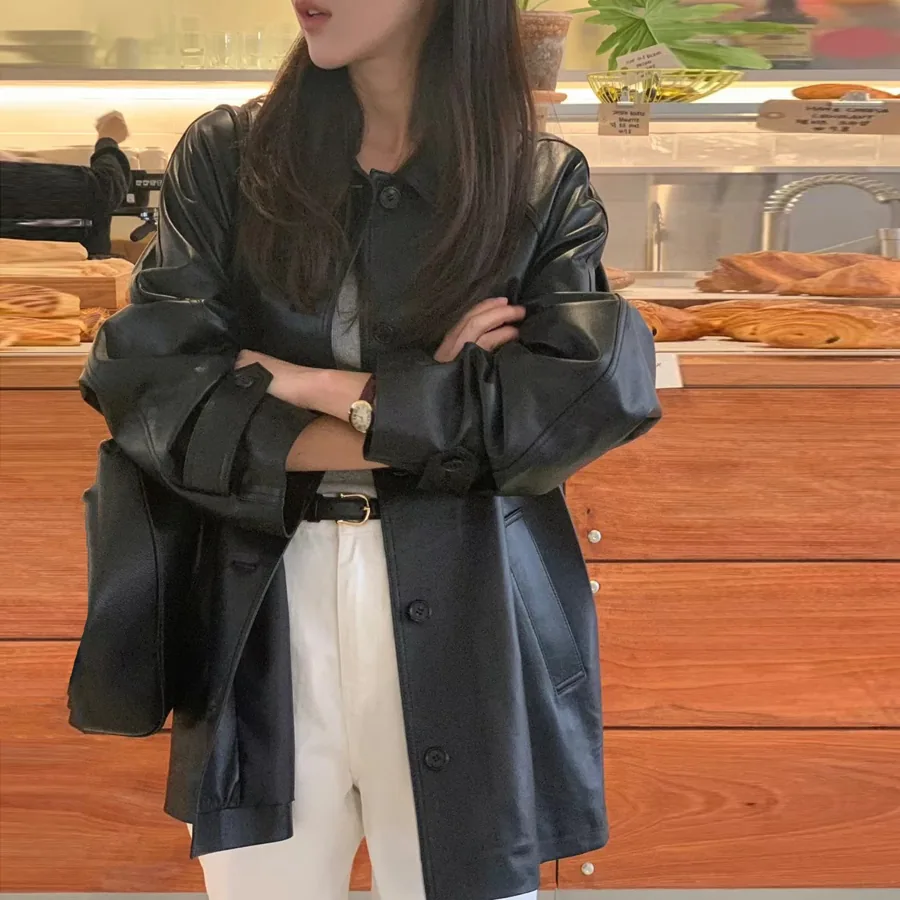 [FW26-164] Loose Black Pu Leather Jacket Design Arrival Street Style Retro