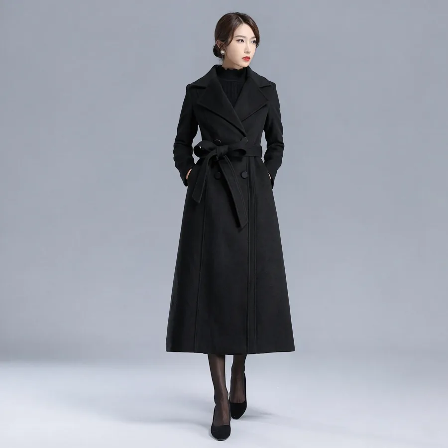 [FW26-167] Classic Black Wool Blend Coat Double Breasted Slim Fit Long