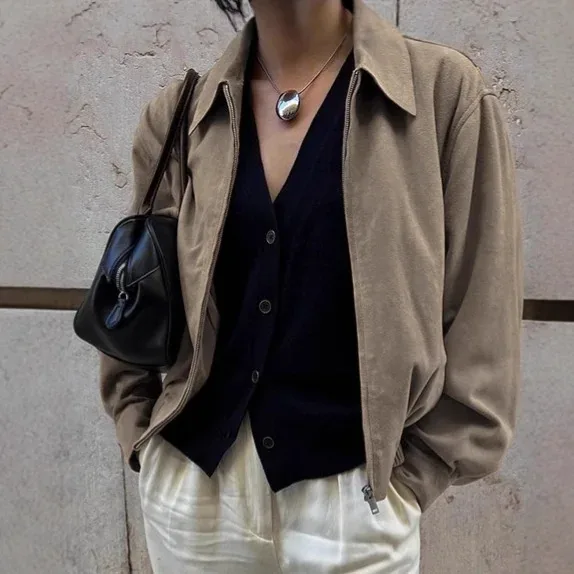 [FW26-168] Suede Jacket European American Vintage Maillard Khaki Lapel