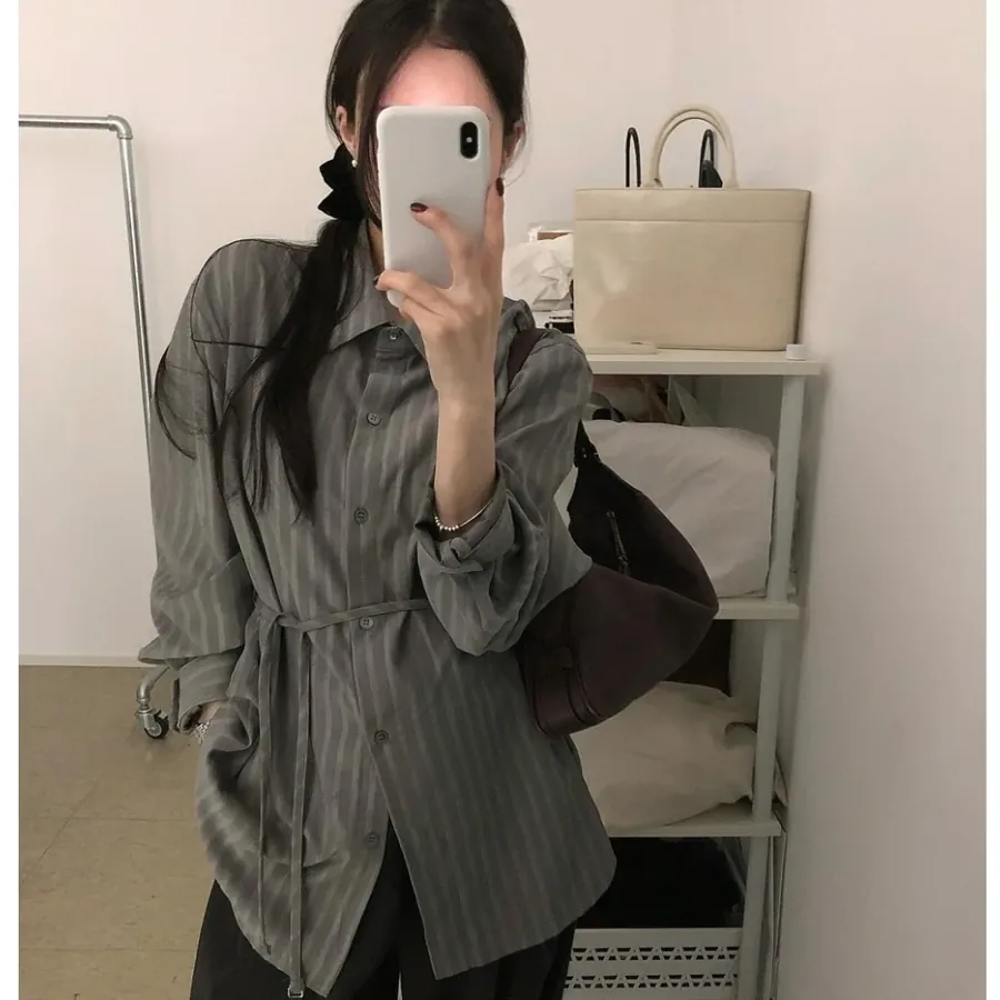 [FW26-170] Loose Fit Long Sleeve Striped Shirt Premium Belted Waist Tied