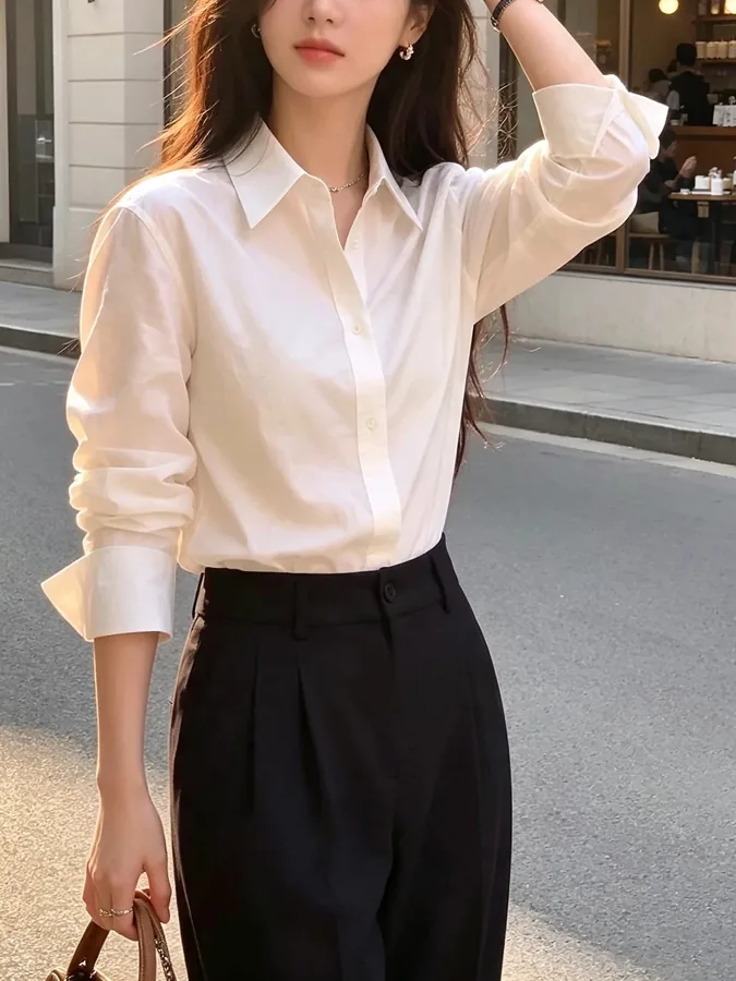 [FW26-172] Loose Long Sleeve Shirt Minimalist Button Up Collar White