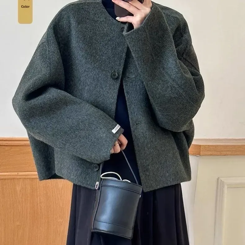 [FW26-173] Elegant Short Double-Faced Woolen Coat Loose Long-Sleeve