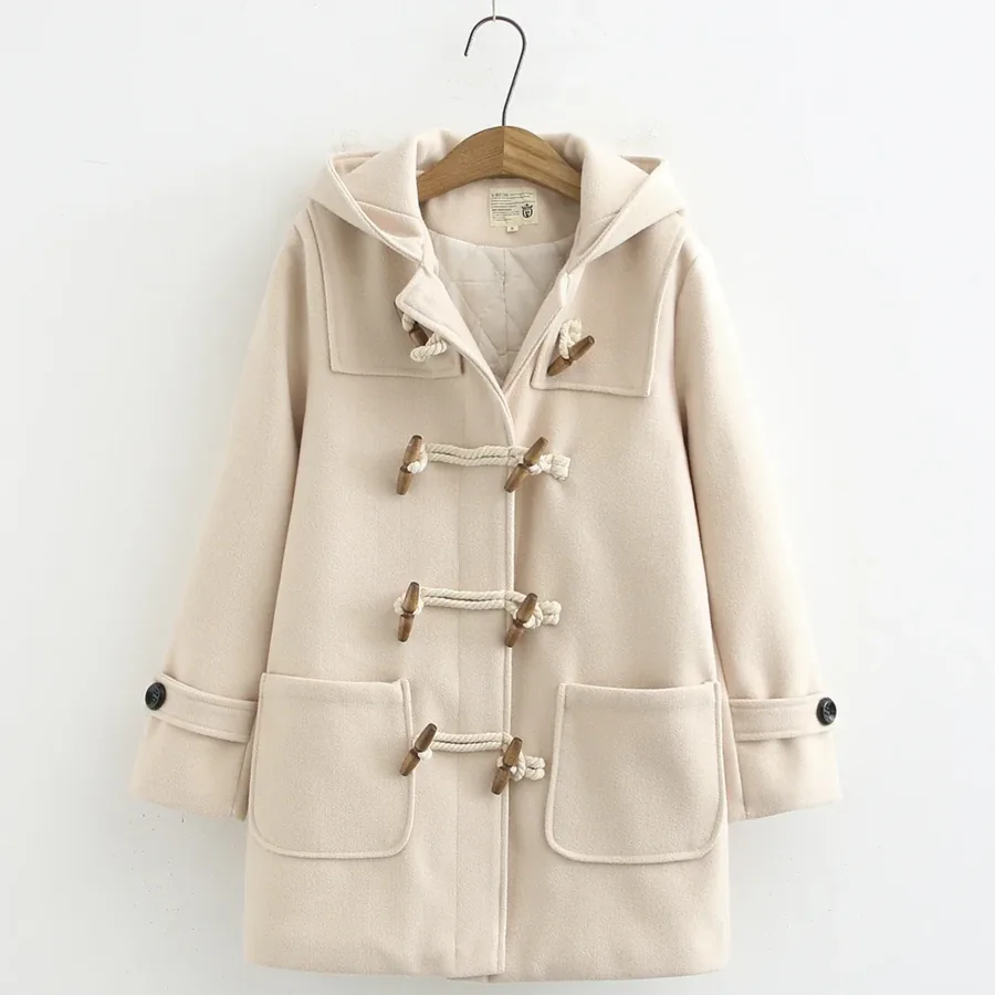 [FW26-174] Preppy Hooded Duffle Coat Wood Toggle Button Pockets Loose Fit
