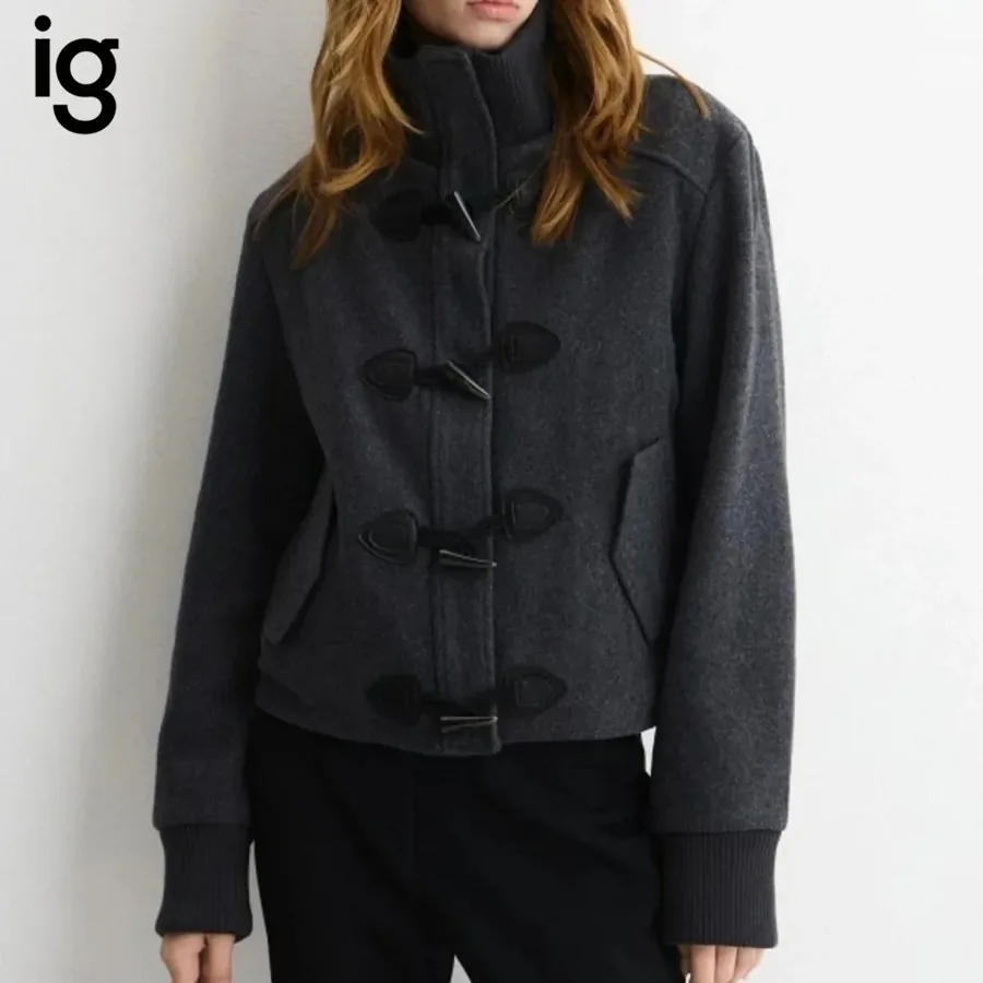 [FW26-175] Ig Women Grey Ribbed Stand Collar Toggle Duffle Cropped Wool