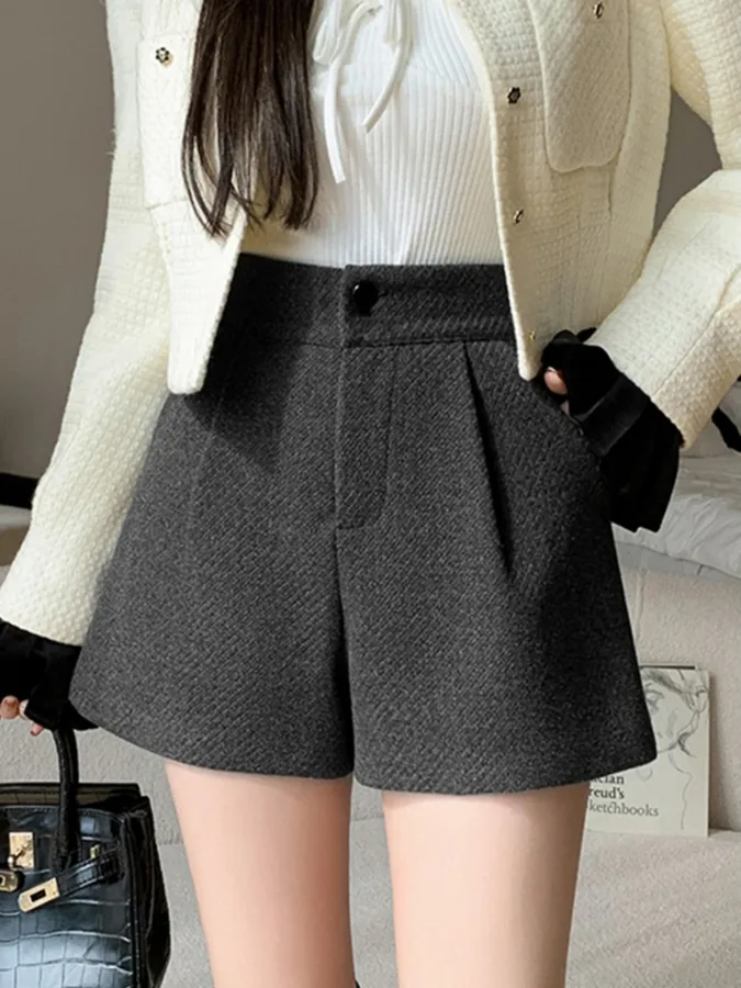 [FW26-178] Casual Woolen Short Pants High Waist Straight Leg Bootcut