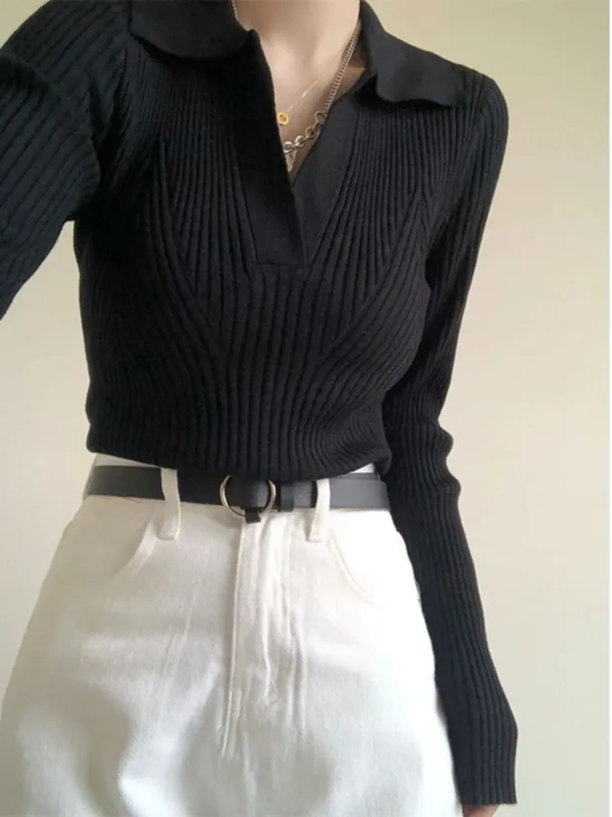[FW26-180] Black V-Neck Knitted Base Shirt Plus Size Early Long Sleeve