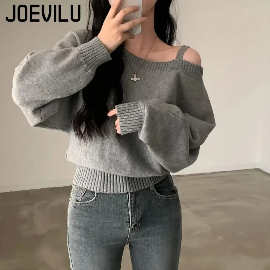 [FW26-189] One Shoulder Sweater Women Elegant Asymmetric Cropped Knit Tops
