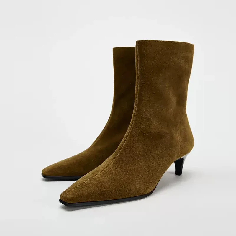 [FW26-196] Shoes Natural Suede Leather Slip-On High Heel Ankle Boots