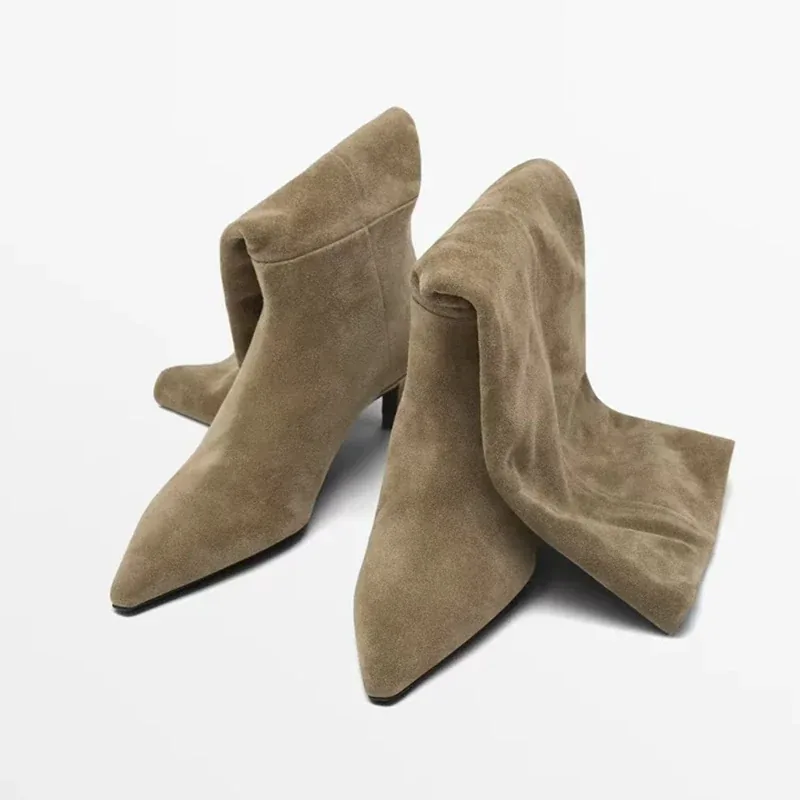 [FW26-198] Trend Natural Cow Suede Women Shoes Slip-On Boots Burgundy High