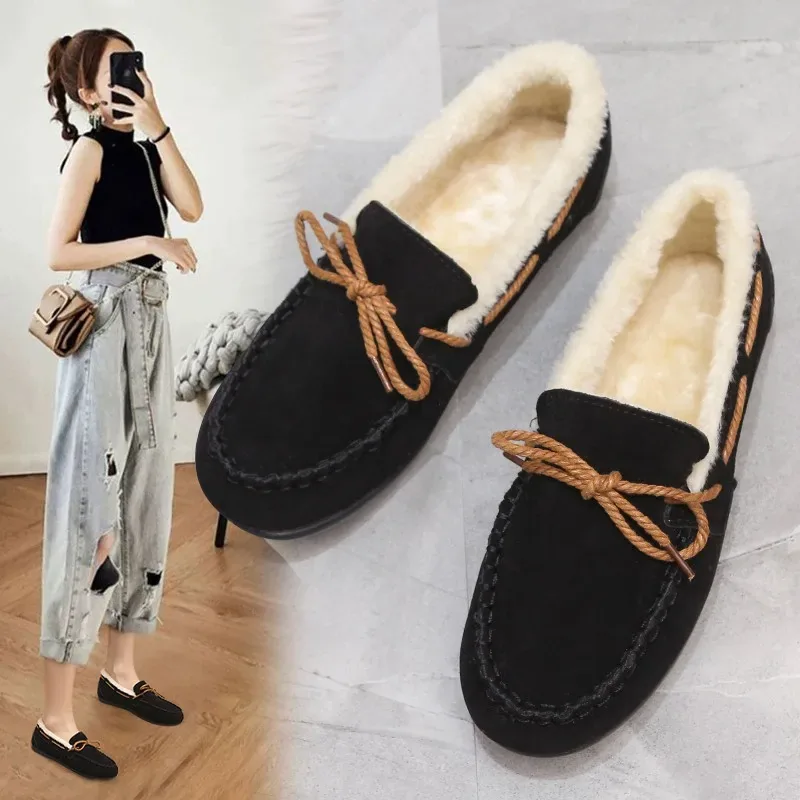 [FW26-202] And Doudou Shoes Women Plus Cashmere Warm Bow Korean Version Of