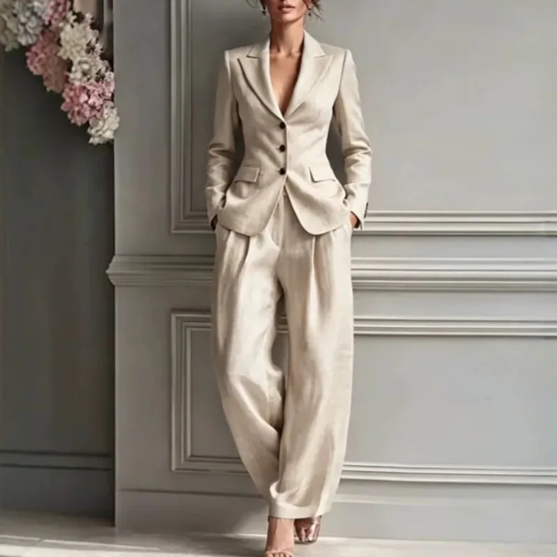 [FW26-203] Elegant Lapel Blazer Suit Women Single Breasted Button Slim