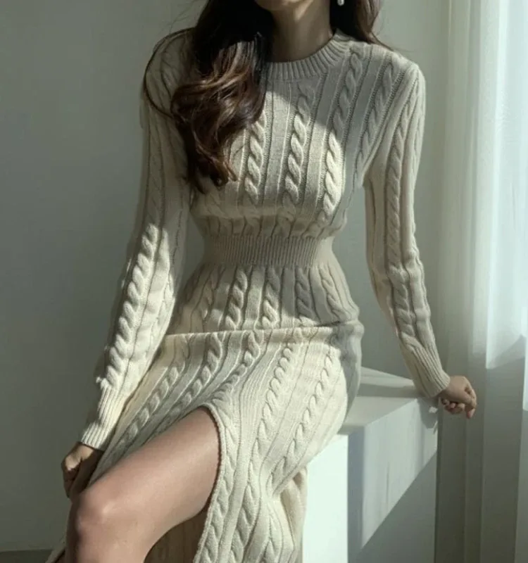 [FW26-206] French Long Sleeve Sweater Knee Length Dress High Fork Style