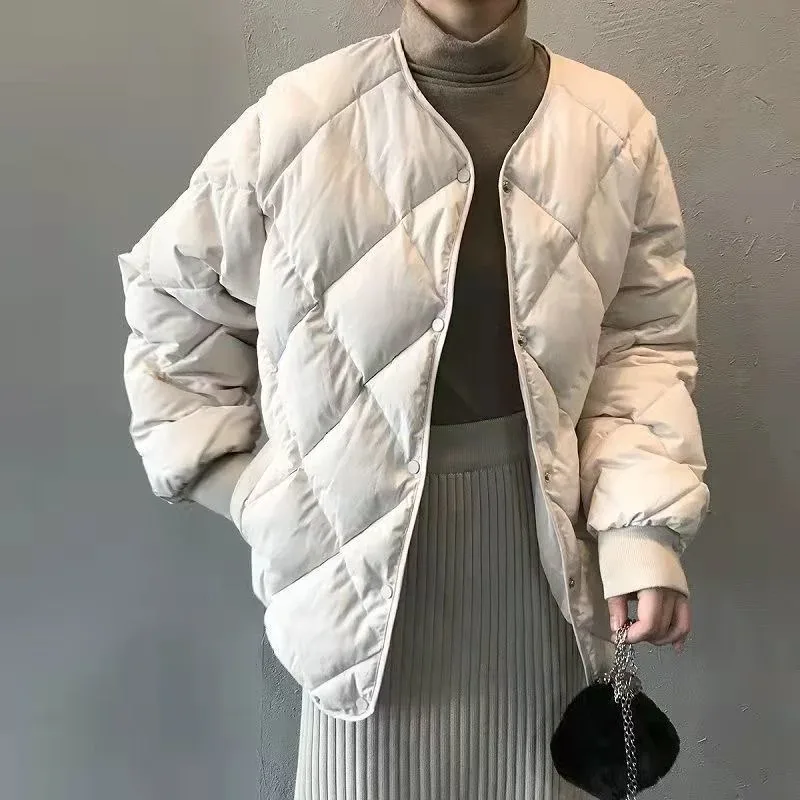 [FW26-212] Diamond Pattern Down Cotton Jacket Short Loose Baseball Bread