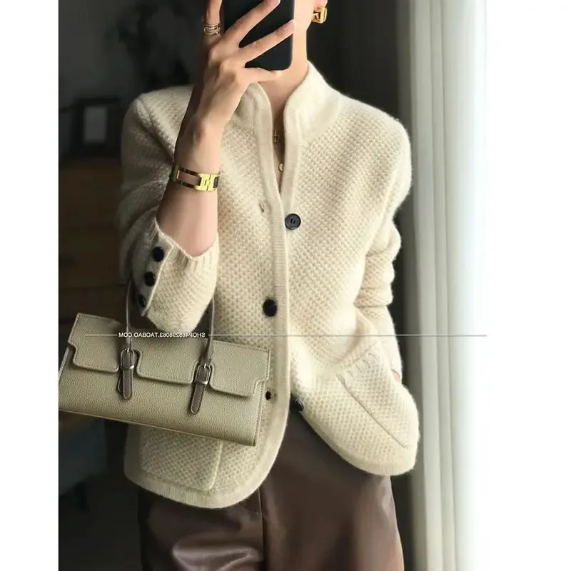 [FW26-215] Button Knit Cardigan Women Solid Pockets Long Sleeve Loose
