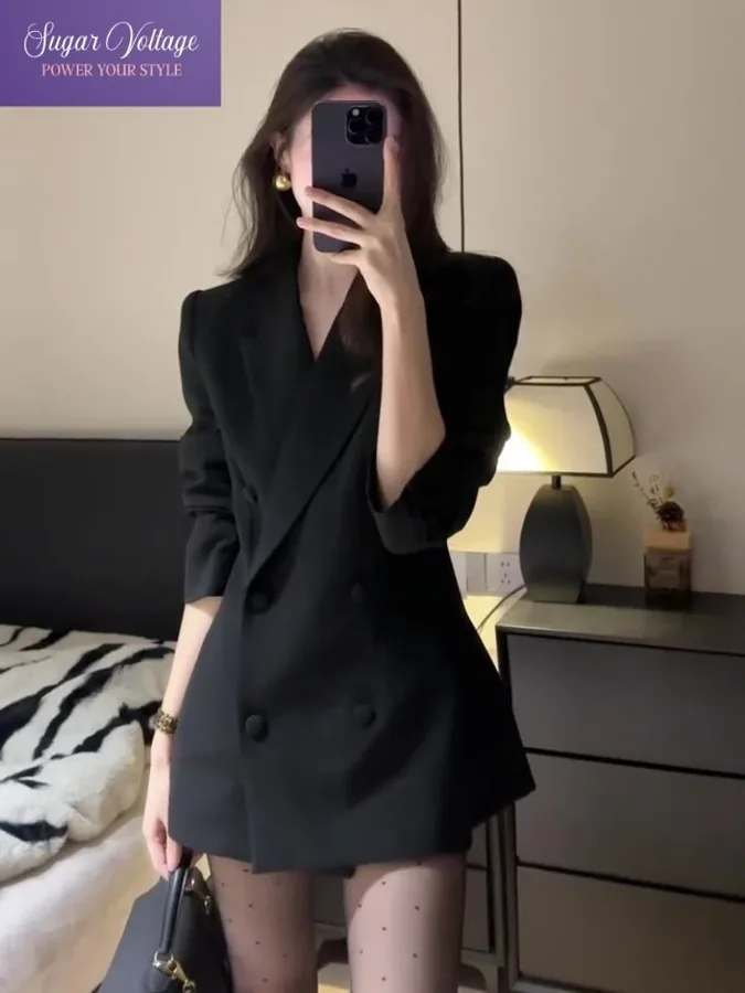 [FW26-217] Korean Elegant Slim Fit Blazer Coat Women V-Neck Long-Sleeve
