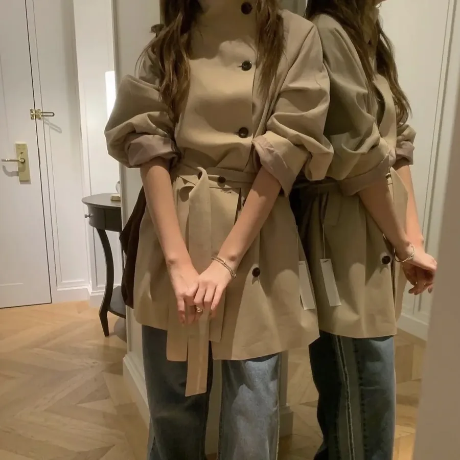 [FW26-218] Long Waist-Cinching Casual Coat Dongda Gate Stand Collar Slope