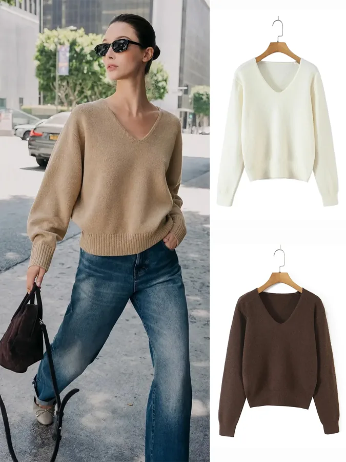 [FW26-221] Loose Fit Long Sleeve V-Neck Knitwear Style Polyester Fiber