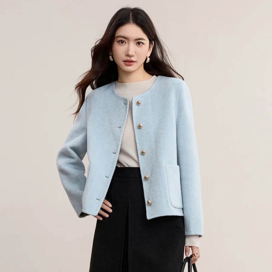 [FW26-222] Sentubila Women Woolen Coat Round Neck Single Breasted Straight