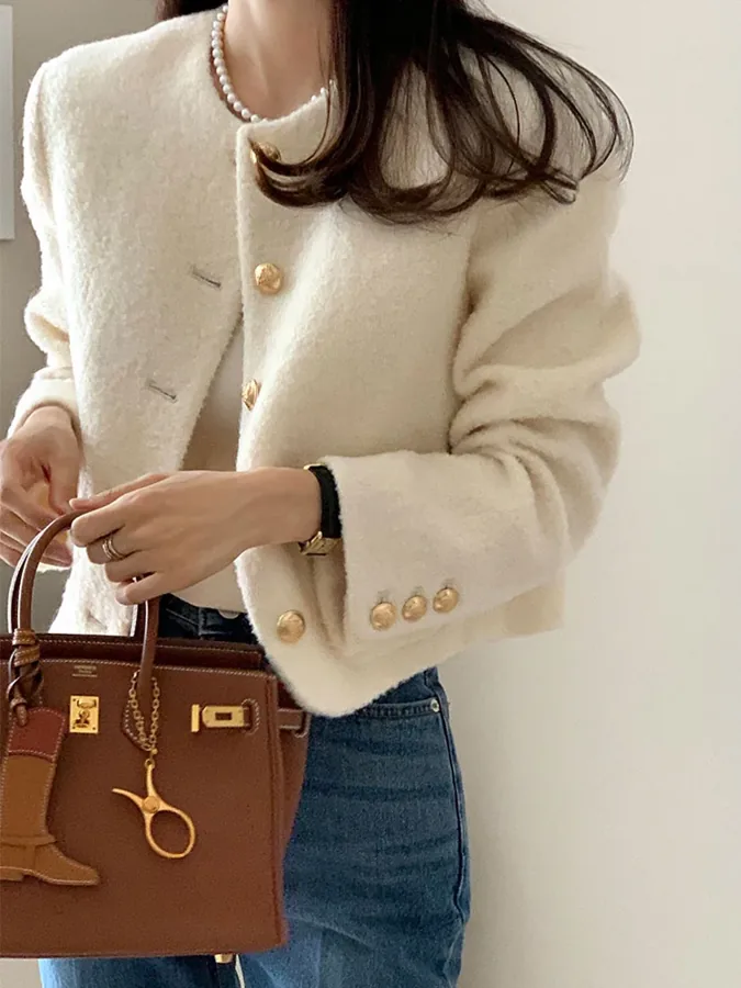 [FW26-223] 30% Wool Elegant O Neck Single Breasted Wool&Blend Short Jacket