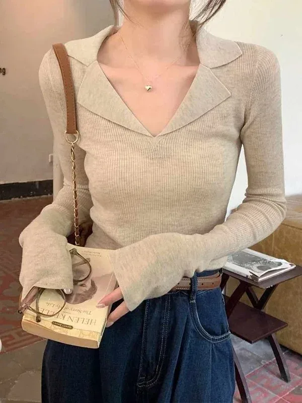 [FW26-224] Knitted Long Sleeve V-Neck Neck Sweater Wear Under Shirt Slim