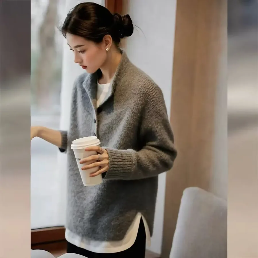 [FW26-225] 100% Pure Wool Sweater Half-Open Collar Knitted Sweater Loose