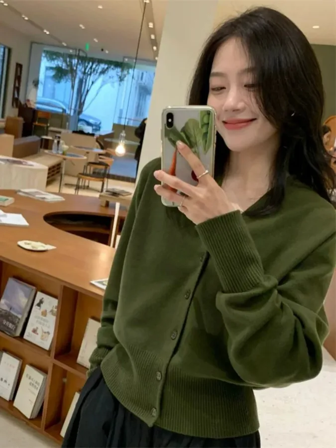 [FW26-226] Chic Green V-Neck Knitted Open Cardigan Fashionable Loose Fit