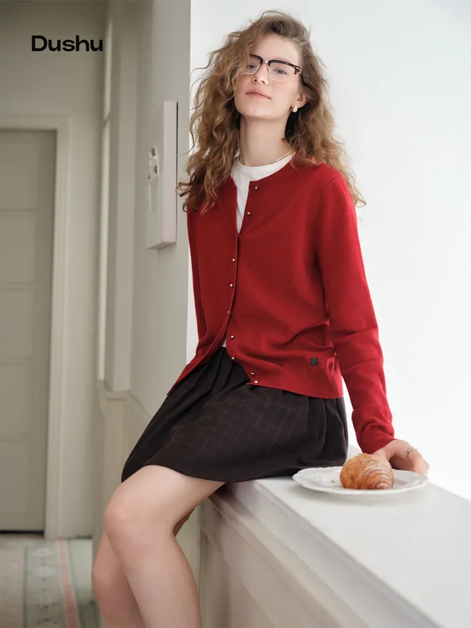 [FW26-230] Dushu Solid Color Wool Blend Knit Cardigan 5 Colors Crew Neck