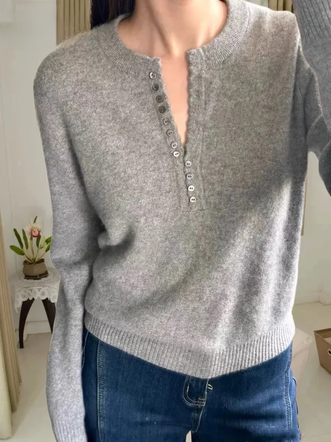 [FW26-231] Minimalist Style V-Neck Pullover Sweater Loose Lazy Knitted