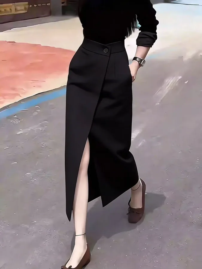 [FW26-236] Black Asymmetric High Waist Suit Skirt Fashionable Slimming