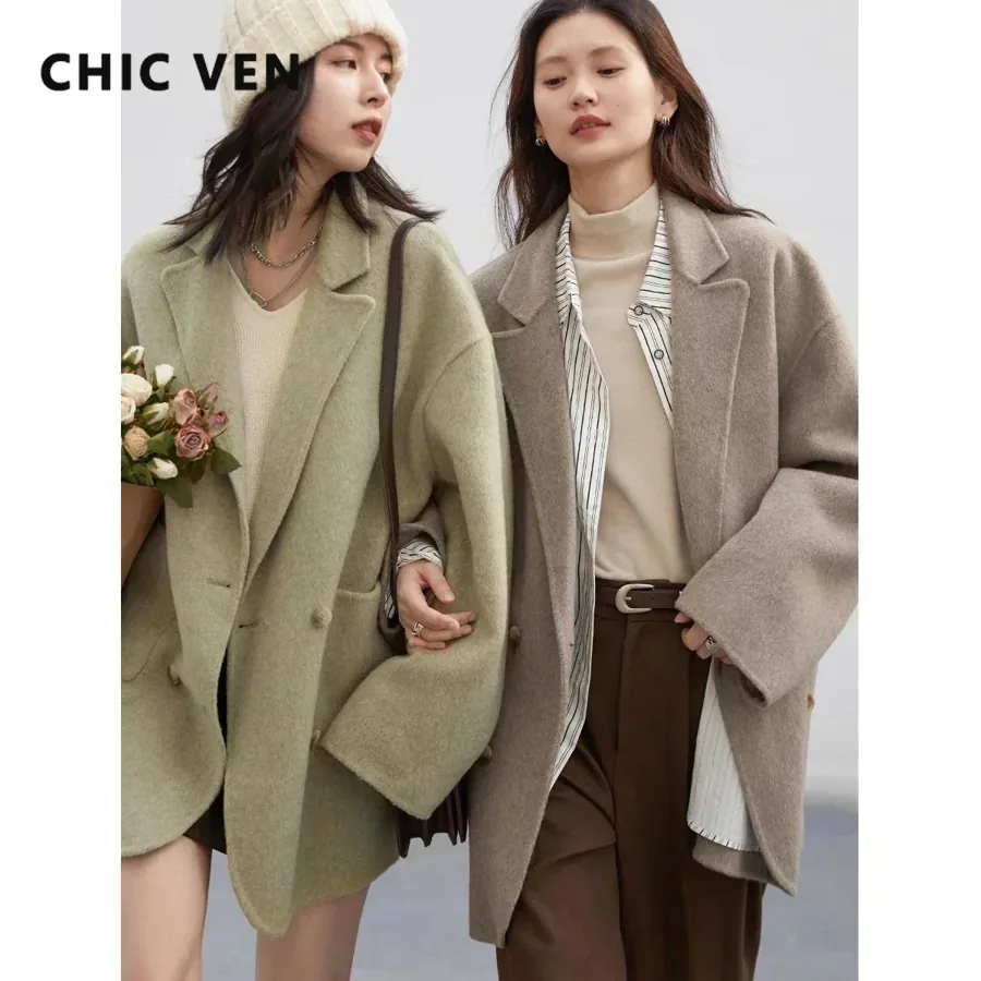 [FW26-238] Chic Ven Woolen Coats Loose Casual Double Breasted Retro