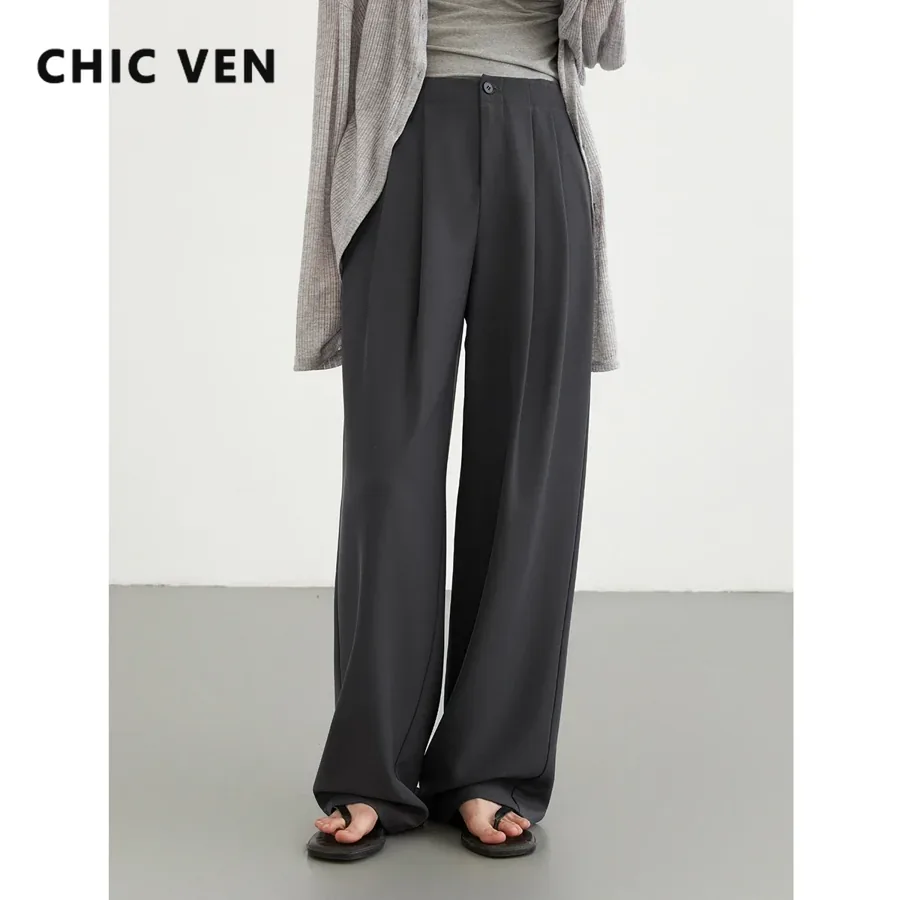 [FW26-242] Chic Ven Women Pants Casual High Waisted Pleated Trousers