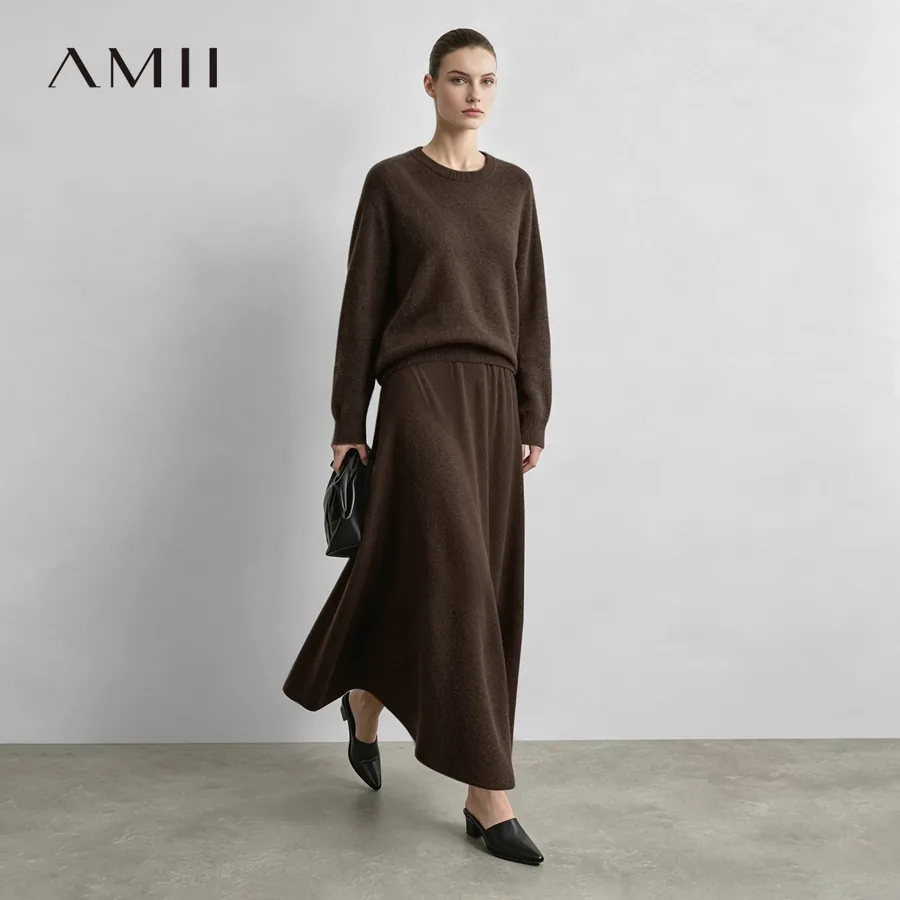 [FW26-252] Amii O Neck Wool Sweater A-Line Midi Skirt Matching Set Loose