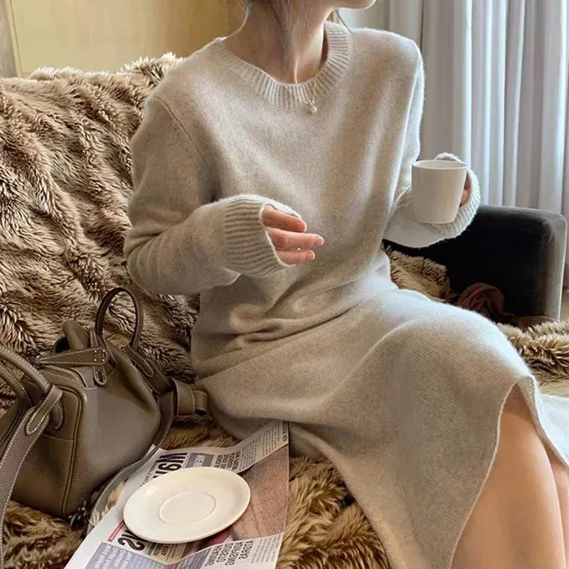 [FW26-254] Pure Cashmere Knit Knee-High Dress Simple Round Neck Long